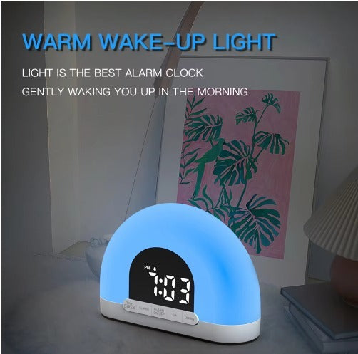 Fashion Design Color Night Light Sunrise Alarm Clock Wake Up Light With Touch Control Half Circle Double Clock Europe White
