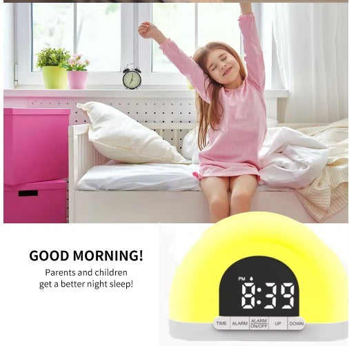Fashion Design Color Night Light Sunrise Alarm Clock Wake Up Light With Touch Control Half Circle Double Clock Europe White